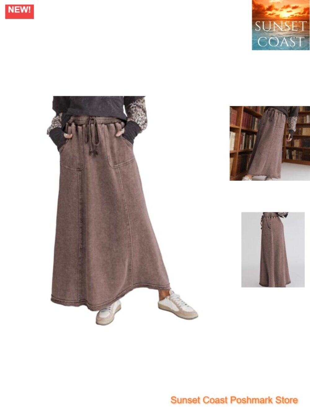 High Waist Maxi Skirt Acid Wash Flowy A Line Boho Long Skirt with Pockets